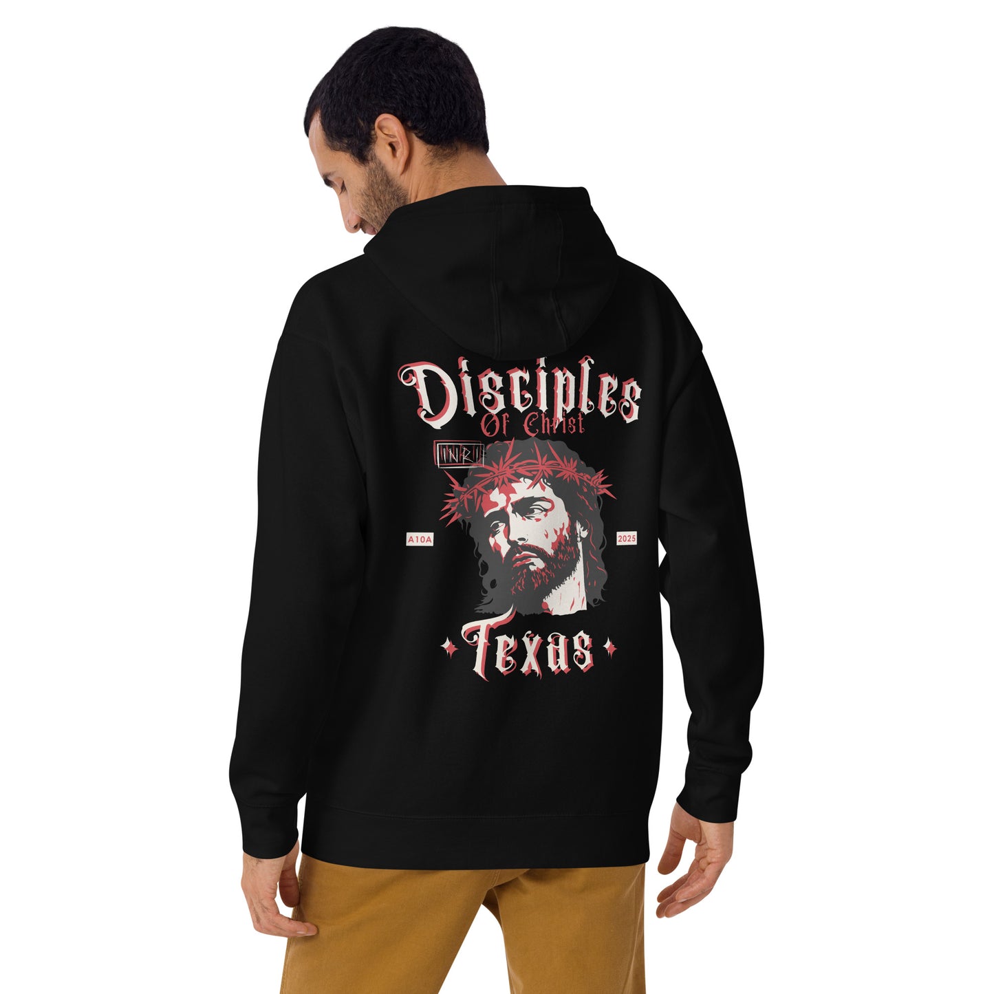 Model showcasing the back of the Disciples of Christ - Christian Biker Hoodie by ANGELS 10 APPAREL LLC, highlighting its cool design tailored for Christian bikers and Texas faith-based enthusiasts.
