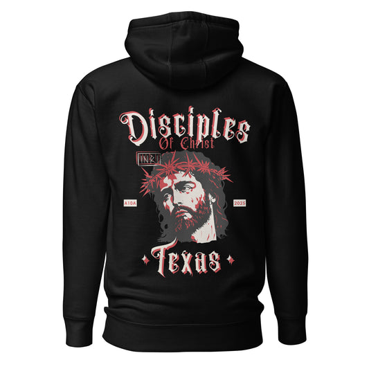 Back view of the Disciples of Christ - Christian Biker Hoodie featuring intricate graphic design, crafted by ANGELS 10 APPAREL LLC, perfect for Texas bikers and those who love Christian apparel and faith-based clothing.