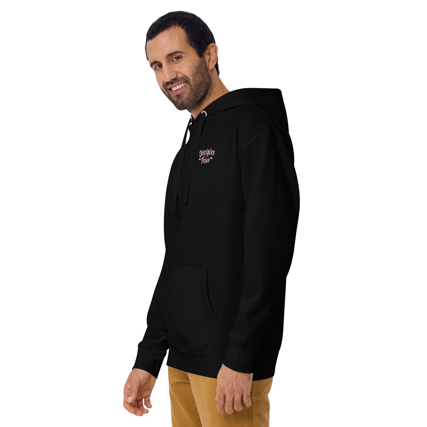 Model wearing the front of the Disciples of Christ - Christian Biker Hoodie from ANGELS 10 APPAREL LLC, designed for comfort and style, ideal for Christian apparel fans and Texas bikers.