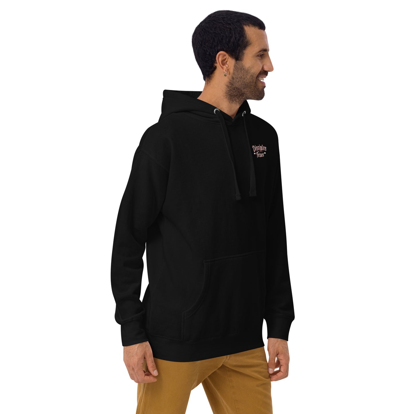 Side view of the Disciples of Christ - Christian Biker Hoodie by ANGELS 10 APPAREL LLC, featuring stylish design elements that cater to Christian bikers and those who embrace faith-based clothing in Texas.