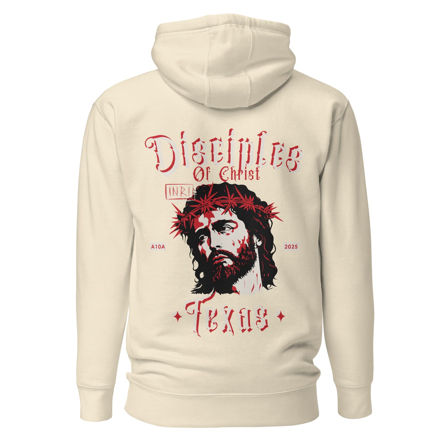 Back view of the beige Disciples of Christ - Christian Biker Hoodie by ANGELS 10 APPAREL LLC, showcasing striking designs suited for Christian bikers and faith-based apparel in Texas.