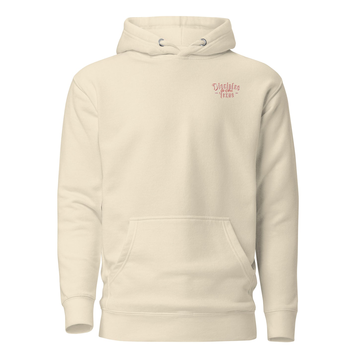Front view of the beige Disciples of Christ - Christian Biker Hoodie from ANGELS 10 APPAREL LLC, featuring an engaging design for Christian bikers and Texas faith-based clothing fans.