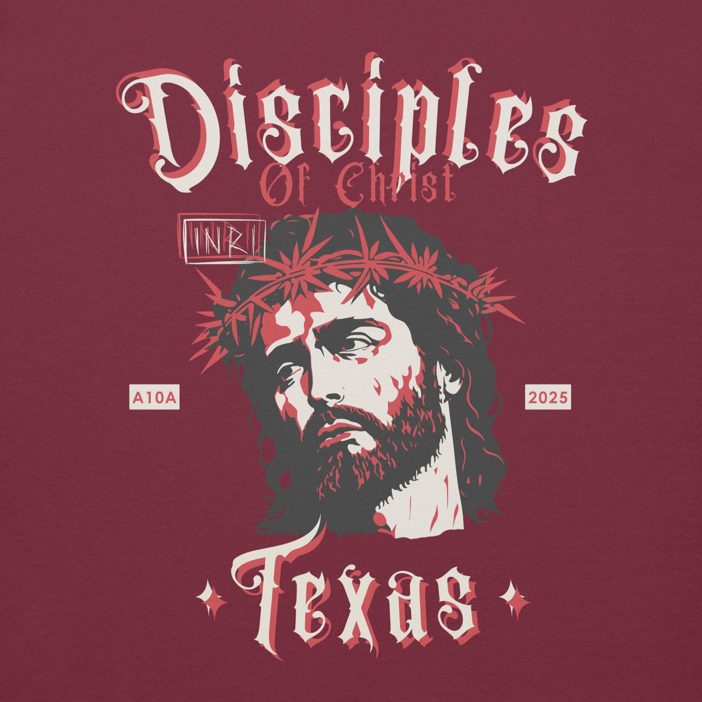Back view of the maroon Disciples of Christ - Christian Biker Hoodie designed by ANGELS 10 APPAREL LLC, showcasing appealing graphics suited for Texas bikers and Christian apparel fans.