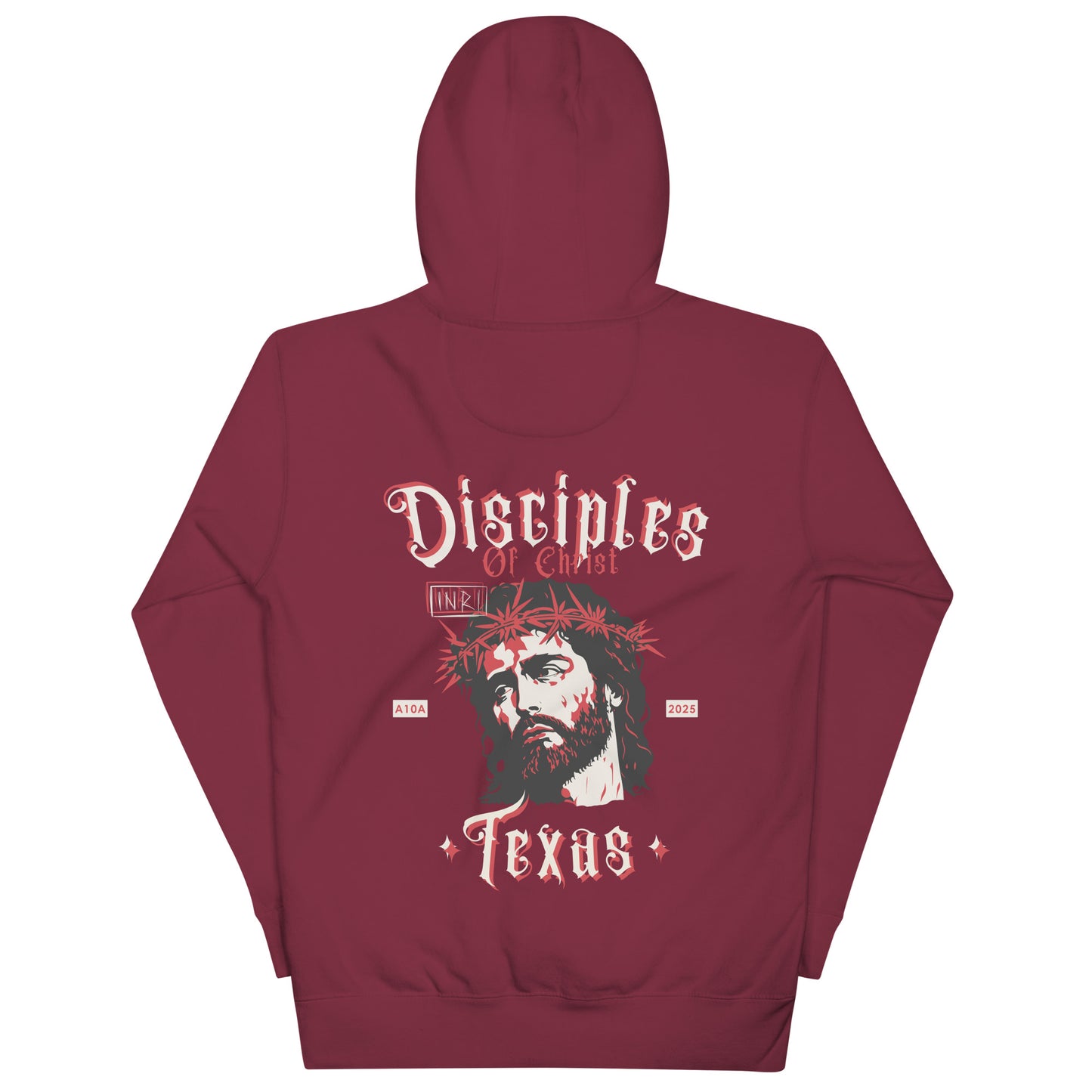 Front view of the maroon Disciples of Christ - Christian Biker Hoodie from ANGELS 10 APPAREL LLC, capturing the essence of faith-based clothing for Christian bikers in Texas.