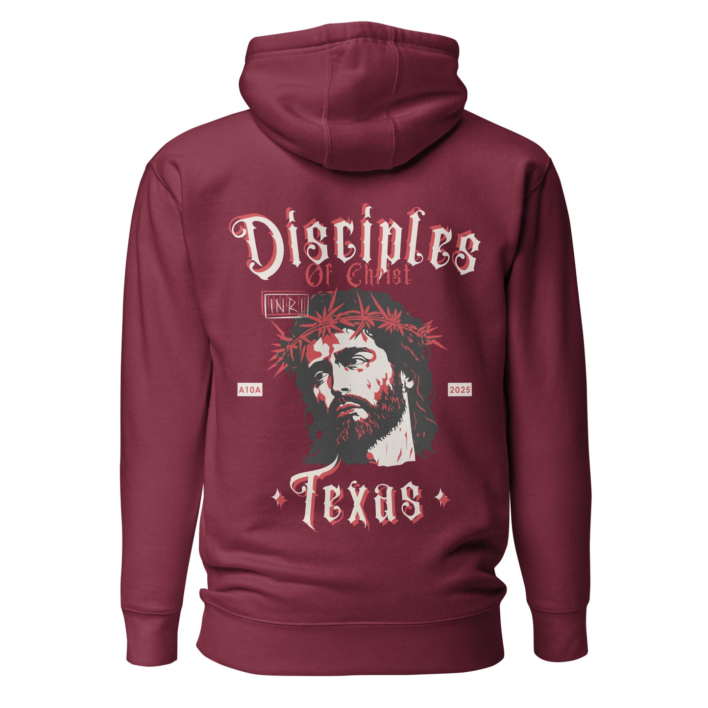 Detailed view of the graphic design on the maroon Disciples of Christ - Christian Biker Hoodie by ANGELS 10 APPAREL LLC, perfect for Christian bikers and faith-based clothing enthusiasts.