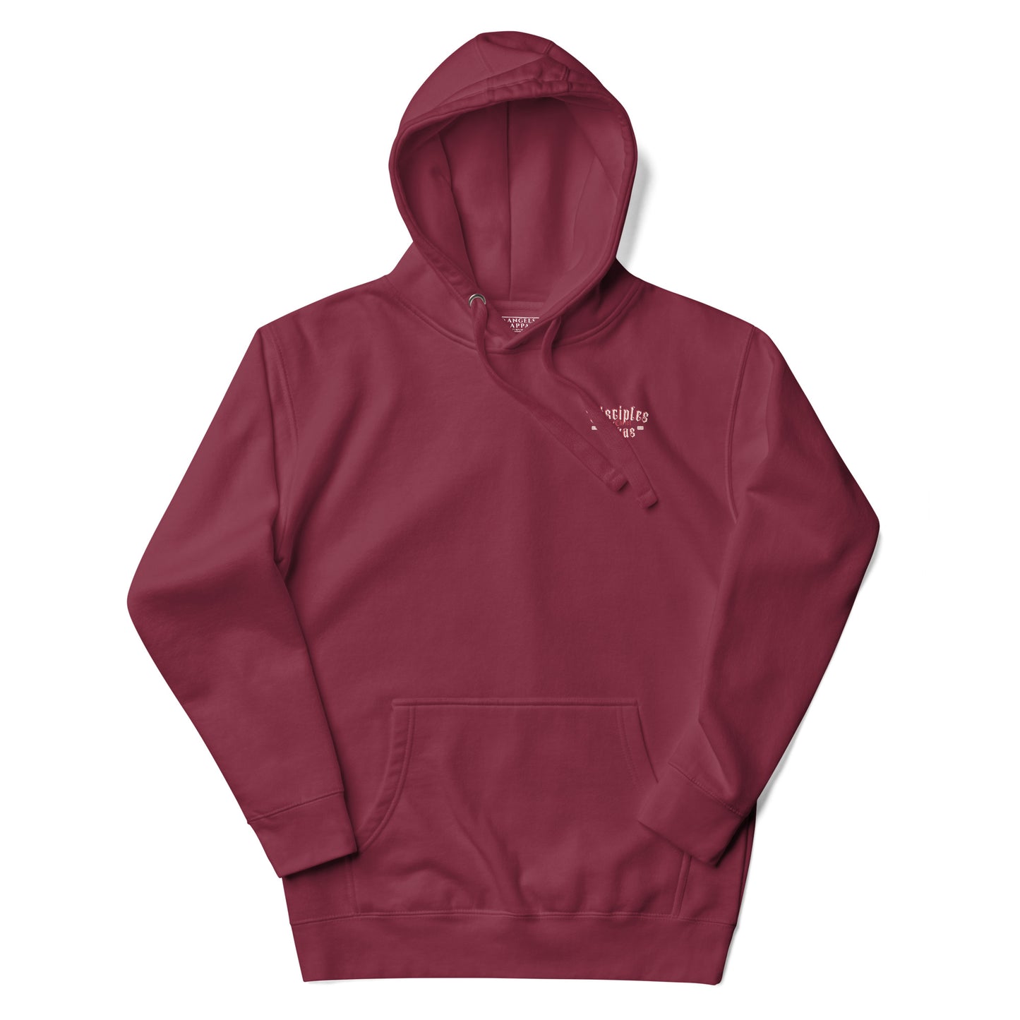 Detailed view of the graphic on the maroon Disciples of Christ - Christian Biker Hoodie from ANGELS 10 APPAREL LLC, appealing to Christian bikers and faith-inspired fashion lovers in Texas.