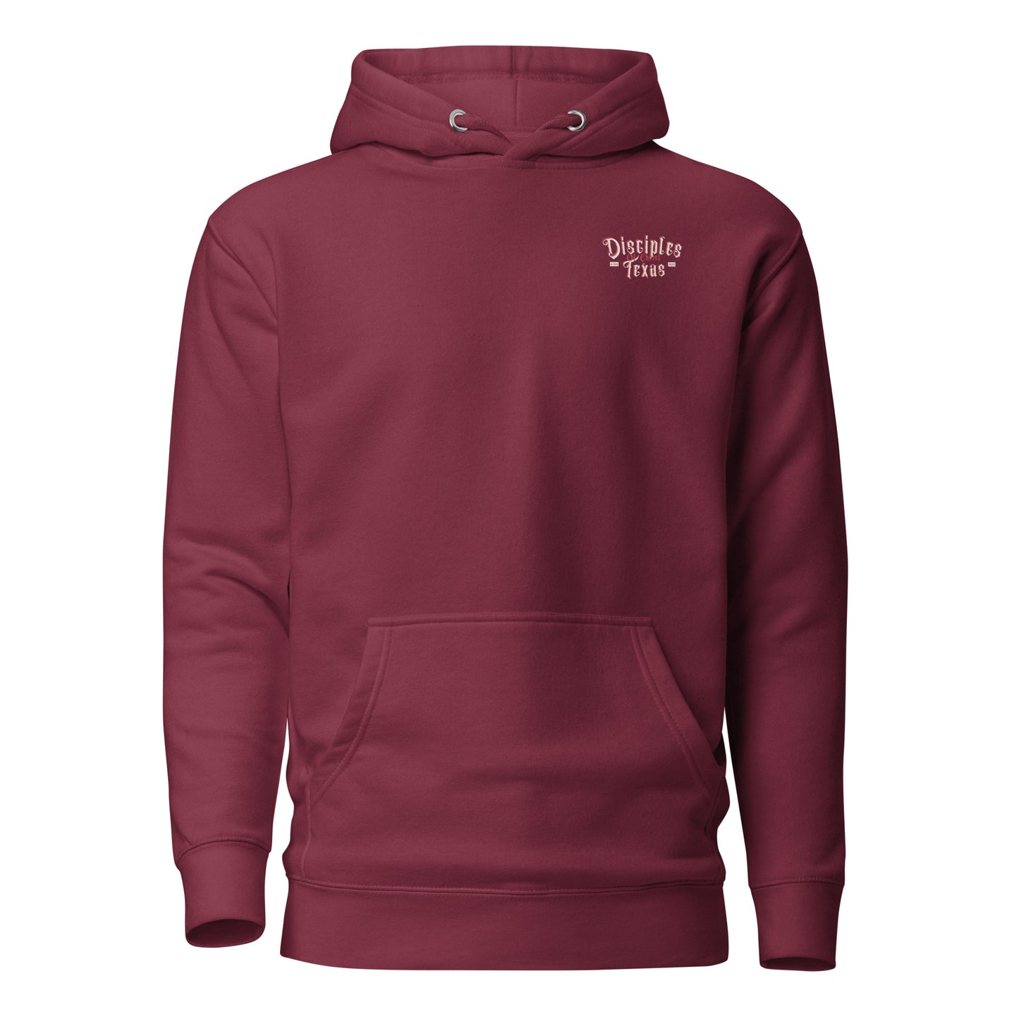 Close-up of the hood of the maroon Disciples of Christ - Christian Biker Hoodie by ANGELS 10 APPAREL LLC, ideal for Texas bikers and those who love Christian apparel.
