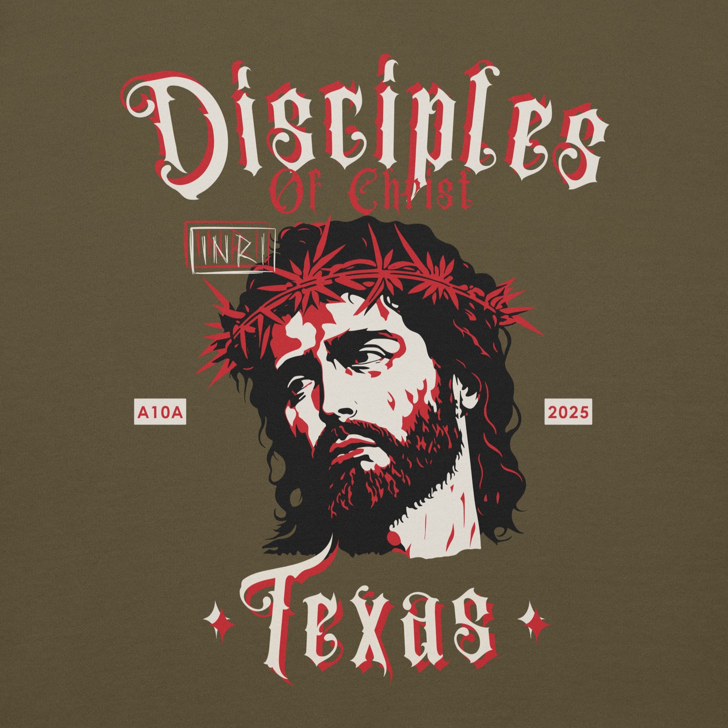 Detailed view of the graphic on the Disciples of Christ - Christian Biker Hoodie, designed by ANGELS 10 APPAREL LLC, ideal for those who appreciate Christian apparel and Texas bikers.