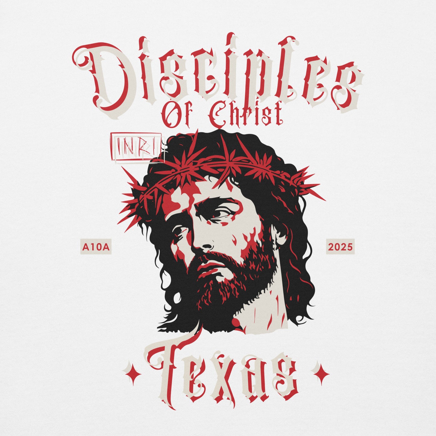 Detailed view of the graphic on the white Disciples of Christ - Christian Biker Hoodie from ANGELS 10 APPAREL LLC, perfect for Christian bikers and Texas faith-based clothing seekers.