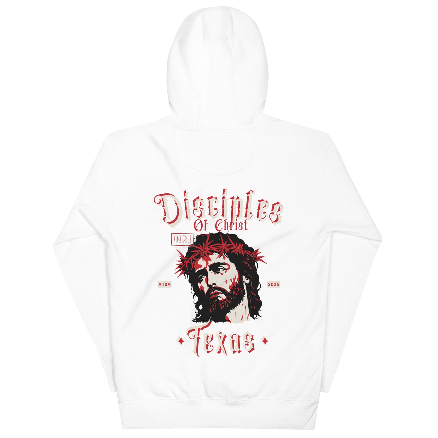 Back view of the white Disciples of Christ - Christian Biker Hoodie by ANGELS 10 APPAREL LLC, featuring striking designs perfect for Texas bikers and Christian apparel enthusiasts.