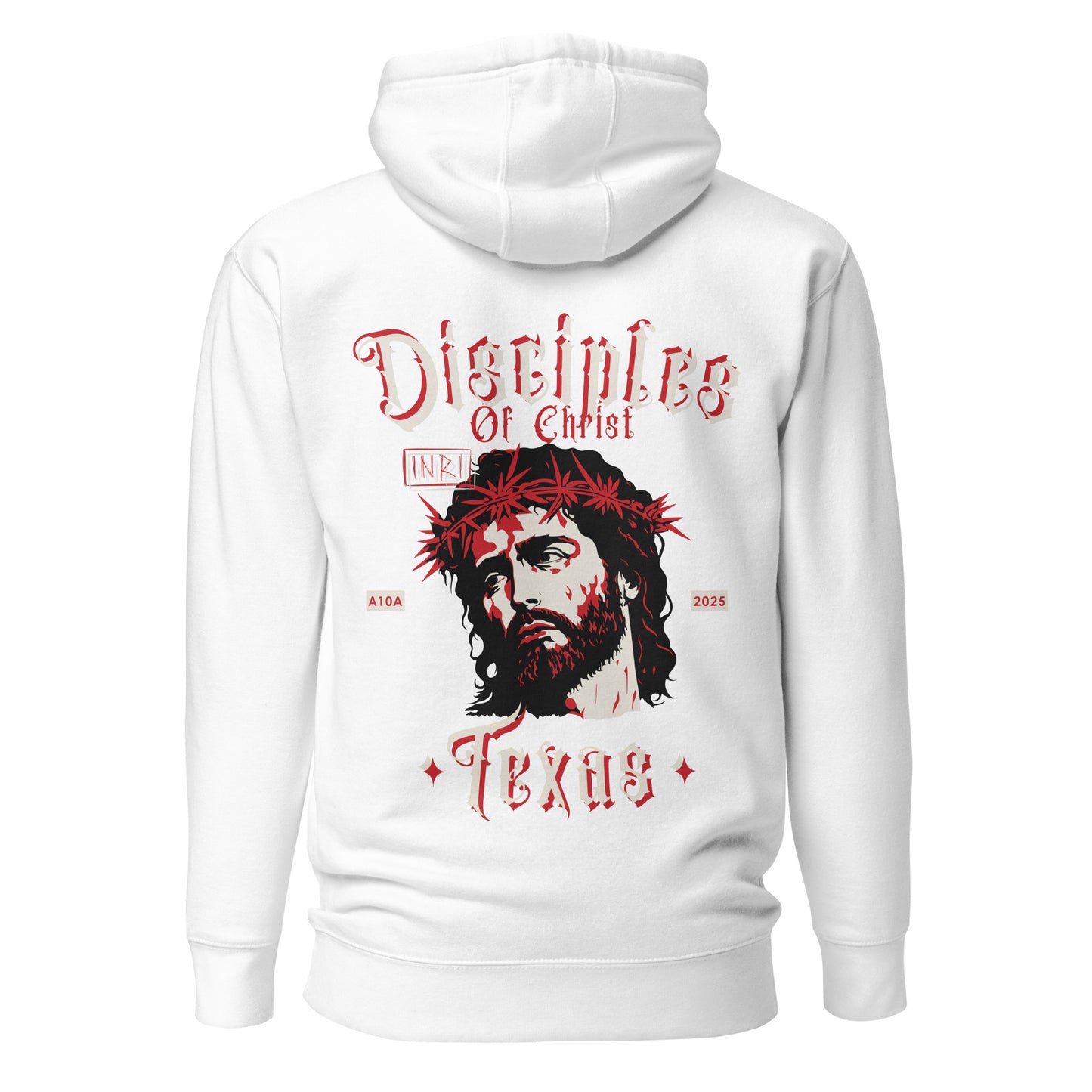 Front view of the white Disciples of Christ - Christian Biker Hoodie by ANGELS 10 APPAREL LLC, designed with Christian themes, perfect for Texas bikers and faith-based clothing lovers.