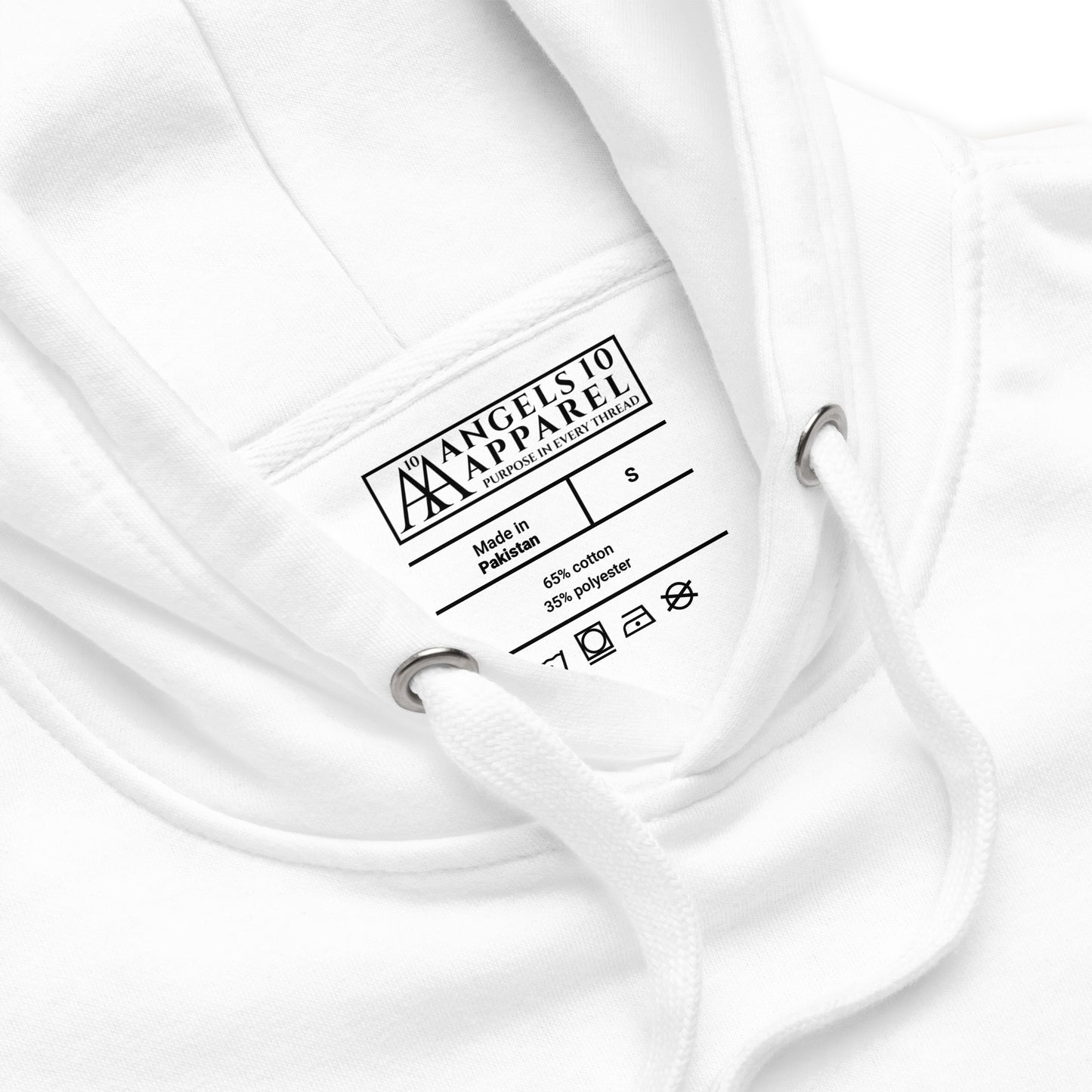 Close-up of the label inside the Disciples of Christ - Christian Biker Hoodie by ANGELS 10 APPAREL LLC, emphasizing quality for Texas bikers and followers of Christian apparel.