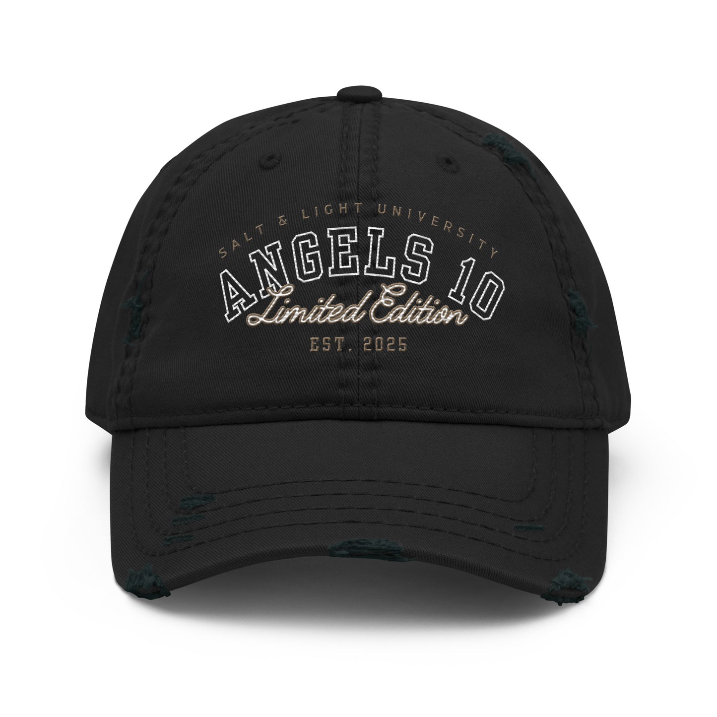 Front view of Men's Limited Distressed Dad Hat with "Salt & Light of the World" graphic, ideal for expressing Christian faith and college spirit in any casual setting.