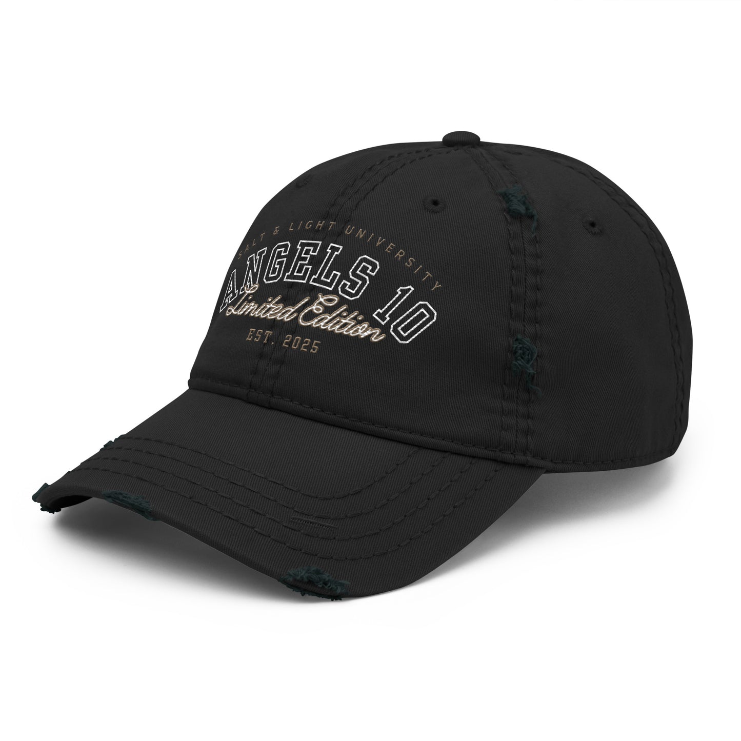 Men's Limited Distressed Dad Hat displaying the words "Salt & Light of the World," combining style and a message of faith, perfect for college life and discipleship.