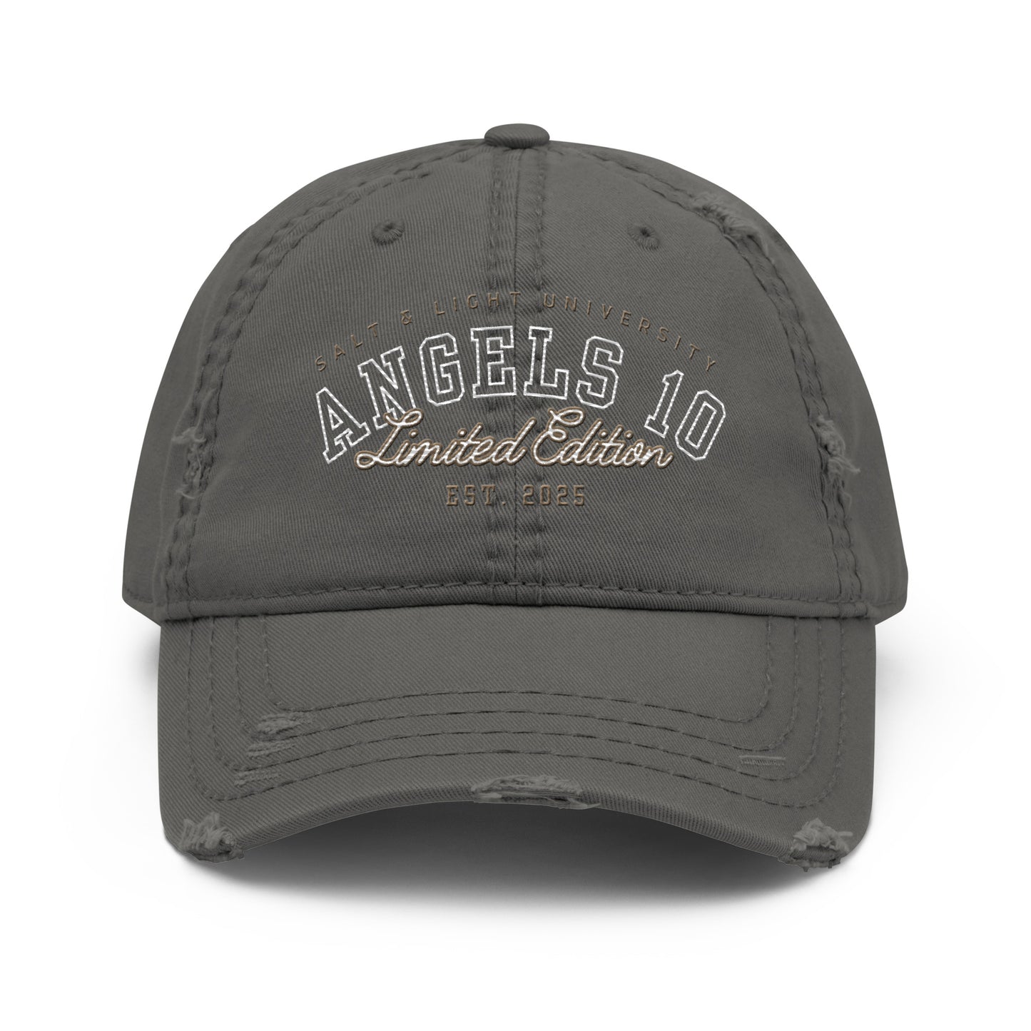 Men's Limited Distressed Dad Hat - Salt & Light of the World, Christian Faith College Gear, showcasing a gray color with a limited edition design, ideal for expressing your faith and commitment to being a light in the world during college.