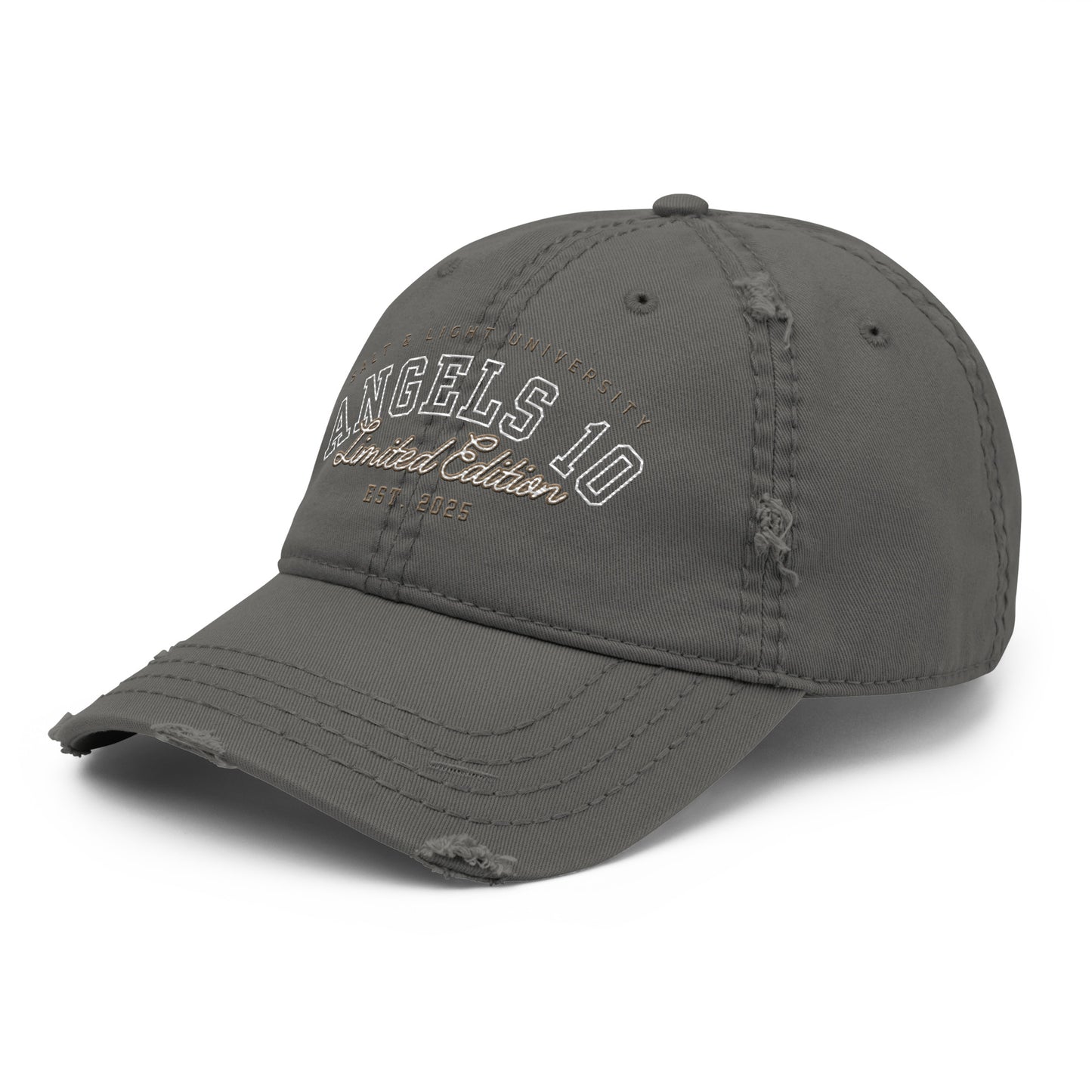 Men's Limited Distressed Dad Hat - Salt & Light of the World, Christian Faith College Gear, in a darker gray shade with a casual look that represents your discipleship and Christian values, perfect for college wear.