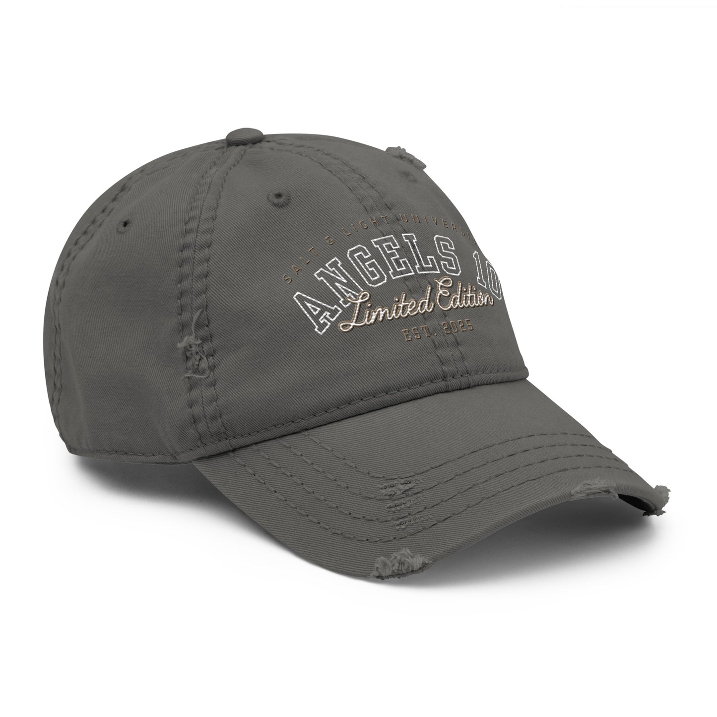 Men's Limited Distressed Dad Hat - Salt & Light of the World, Christian Faith College Gear, featuring a stylishly distressed gray design, showcasing your faith and dedication to being a beacon of light on campus.