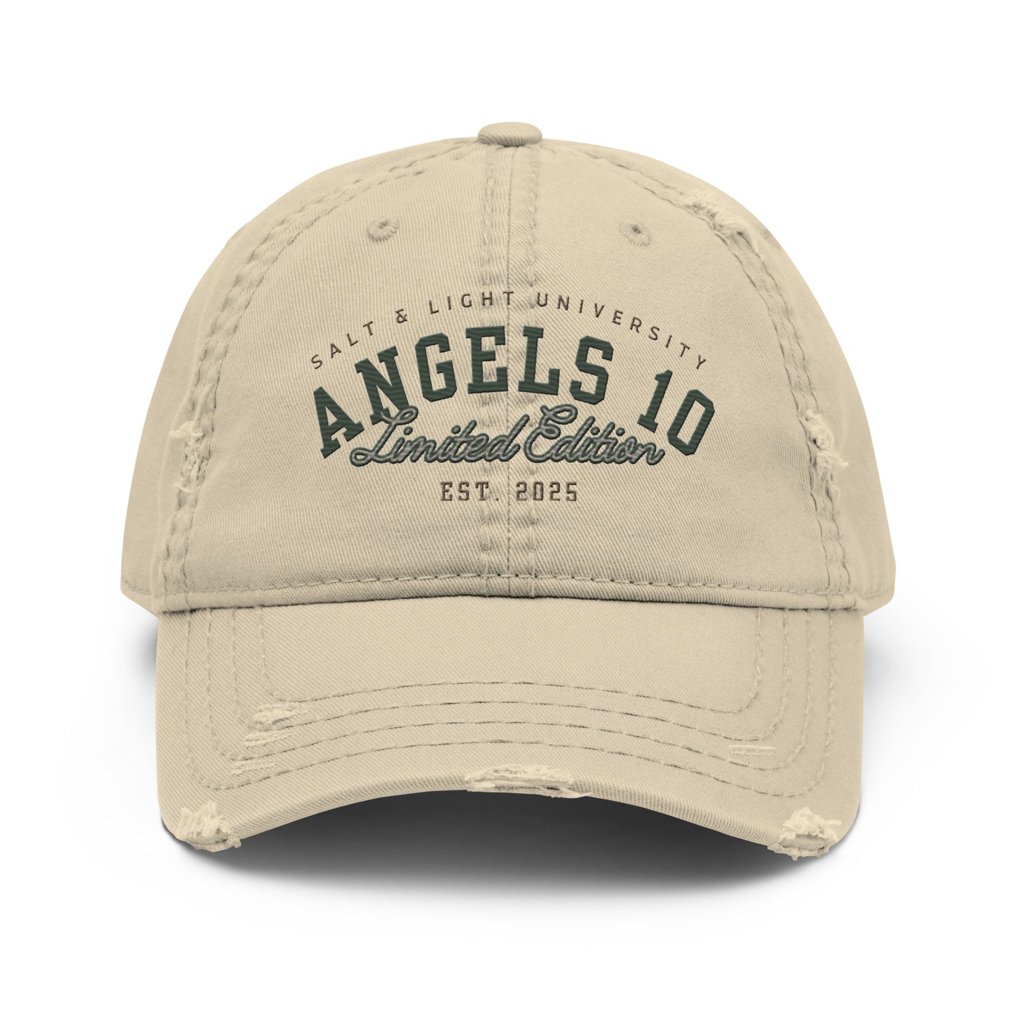 Men's Premium Quality Salt & Light Distressed Dad Hat from ANGELS 10 APPAREL LLC, featuring 'Salt & Light University Limited Edition' in a trendy distressed style, perfect for college students embracing their Christian faith and discipleship.