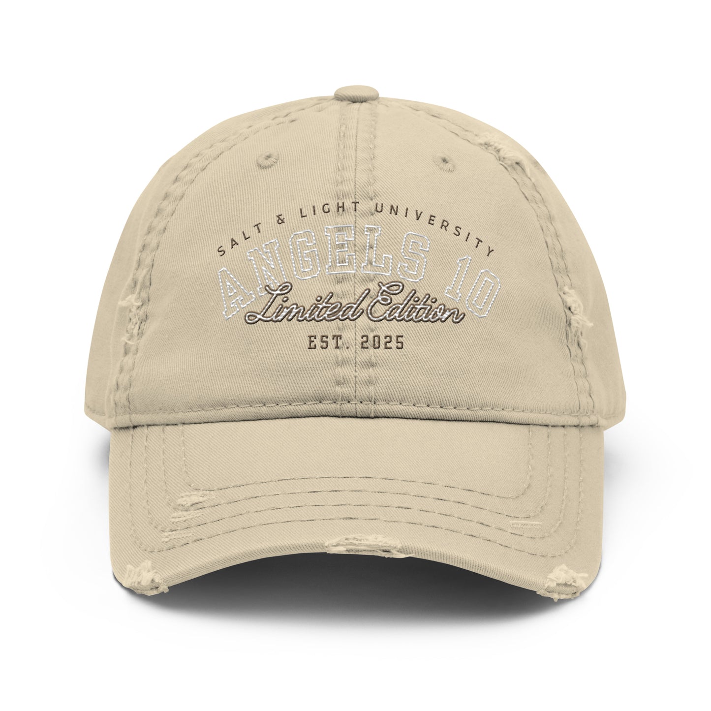 Men's Limited Distressed Dad Hat - Salt & Light of the World, Christian Faith College Gear, in a beige color with a unique distressed style, reflecting your commitment to faith and discipleship during your college journey.