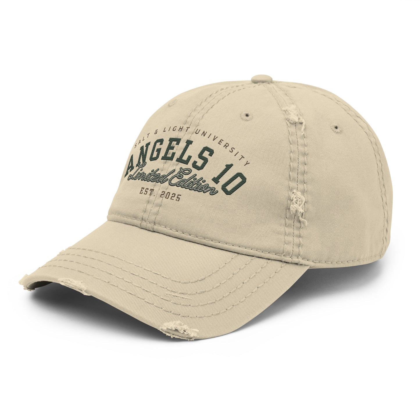 Side view of the Men's Premium Quality Salt & Light Distressed Dad Hat by ANGELS 10 APPAREL LLC, showcasing its stylish design ideal for college students wanting to express their faith and commitment to being the salt & light of the world.