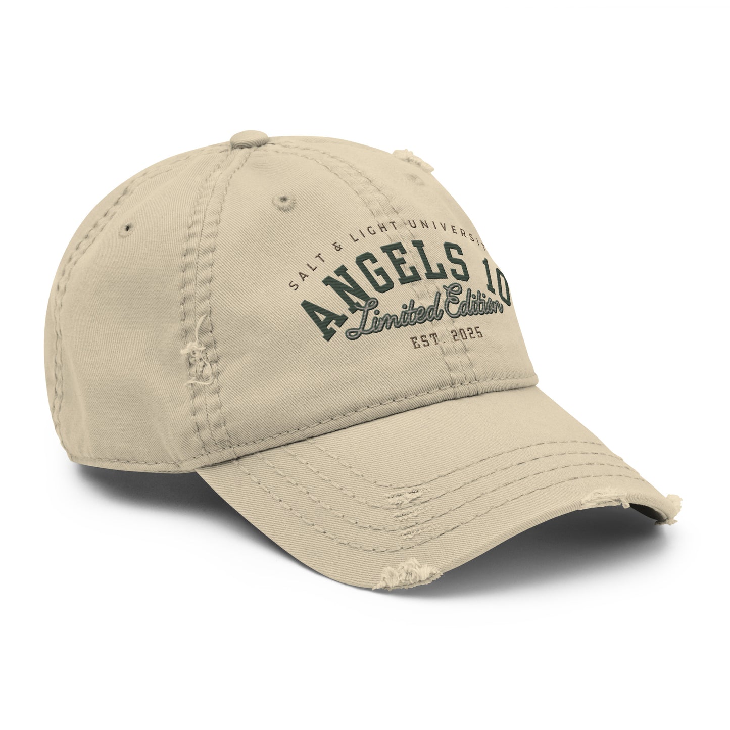 Angle view of the Men's Premium Quality Salt & Light Distressed Dad Hat from ANGELS 10 APPAREL LLC, designed for modern believers in college seeking a comfortable yet fashionable way to share their faith and discipleship.