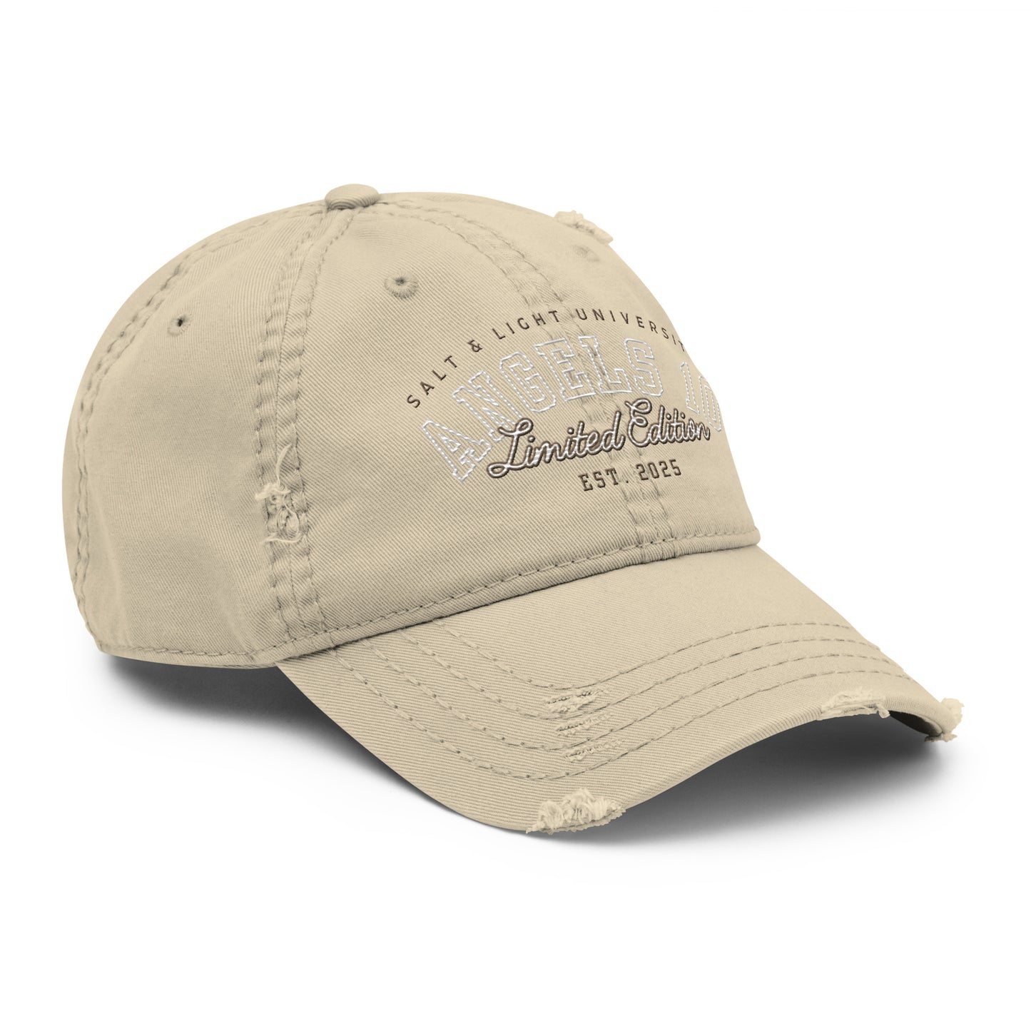 Men's Limited Distressed Dad Hat showcasing 'Salt & Light of the World', a must-have for college gear that represents Christian faith and discipleship while making a casual fashion statement.