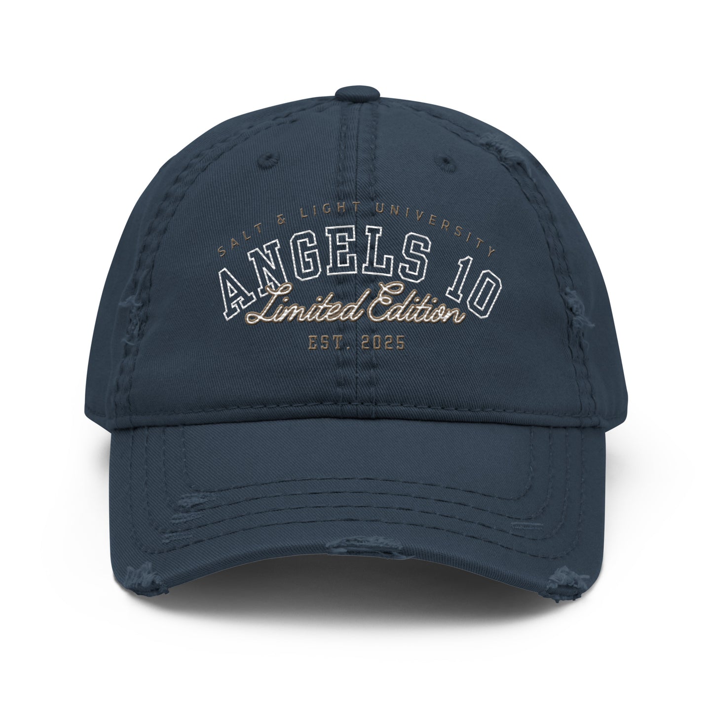Navy version of the Men's Limited Distressed Dad Hat, featuring the inspiring text "Salt & Light of the World," suitable for college gear while promoting Christian discipleship.