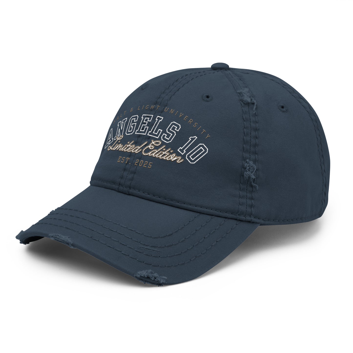 Side view of the navy Men's Limited Distressed Dad Hat with a distressed look, expressing faith and showcasing the message of "Salt & Light of the World" for college students.