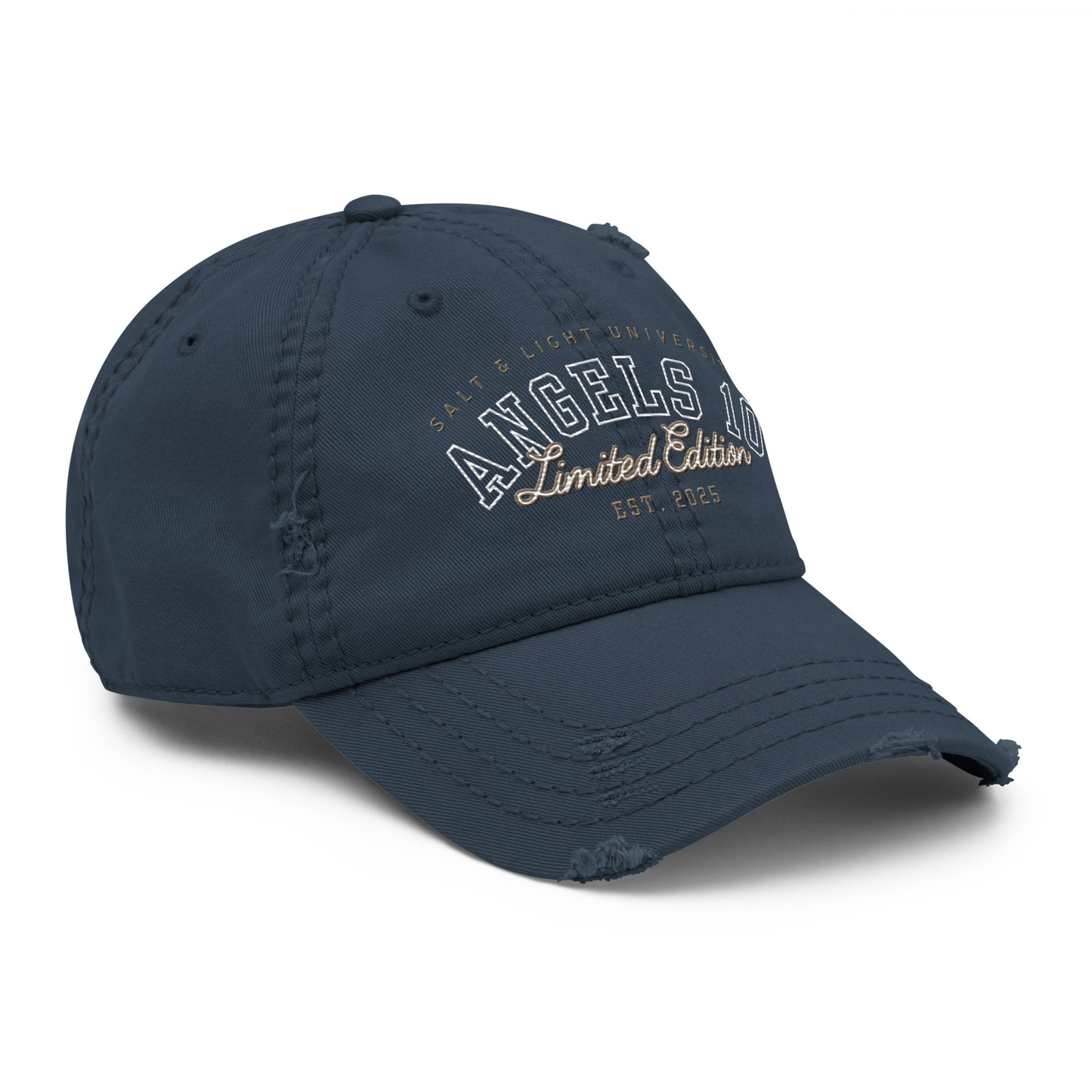 Men's Limited Distressed Dad Hat - Salt & Light of the World, Christian Faith College Gear, featuring a navy color with a distressed look, perfect for showing your faith and dedication to discipleship while on campus.
