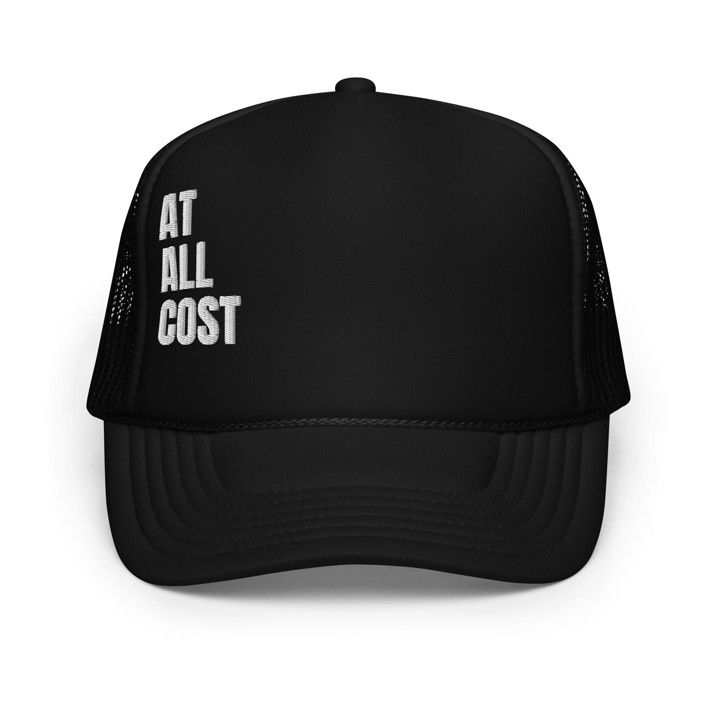 Front view of a sleek black Christian Trucker hat by ANGELS 10 APPAREL LLC, designed for bikers and adventurers. A perfect blend of faith and streetwear style. A10A, At All Cost Collection, Christian, Faith, streetwear, style.