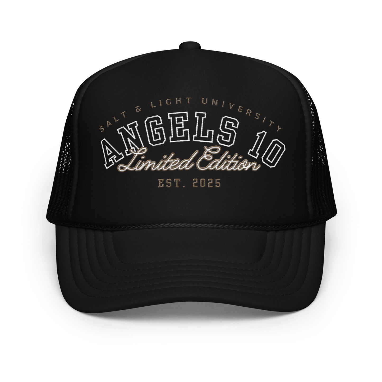 Front view of the Salt & Light Unisex Premium Foam Trucker Hat in black, showcasing 'ANGELS 10 Limited Edition' design. Ideal for college settings, this hat expresses your faith and commitment to discipleship.