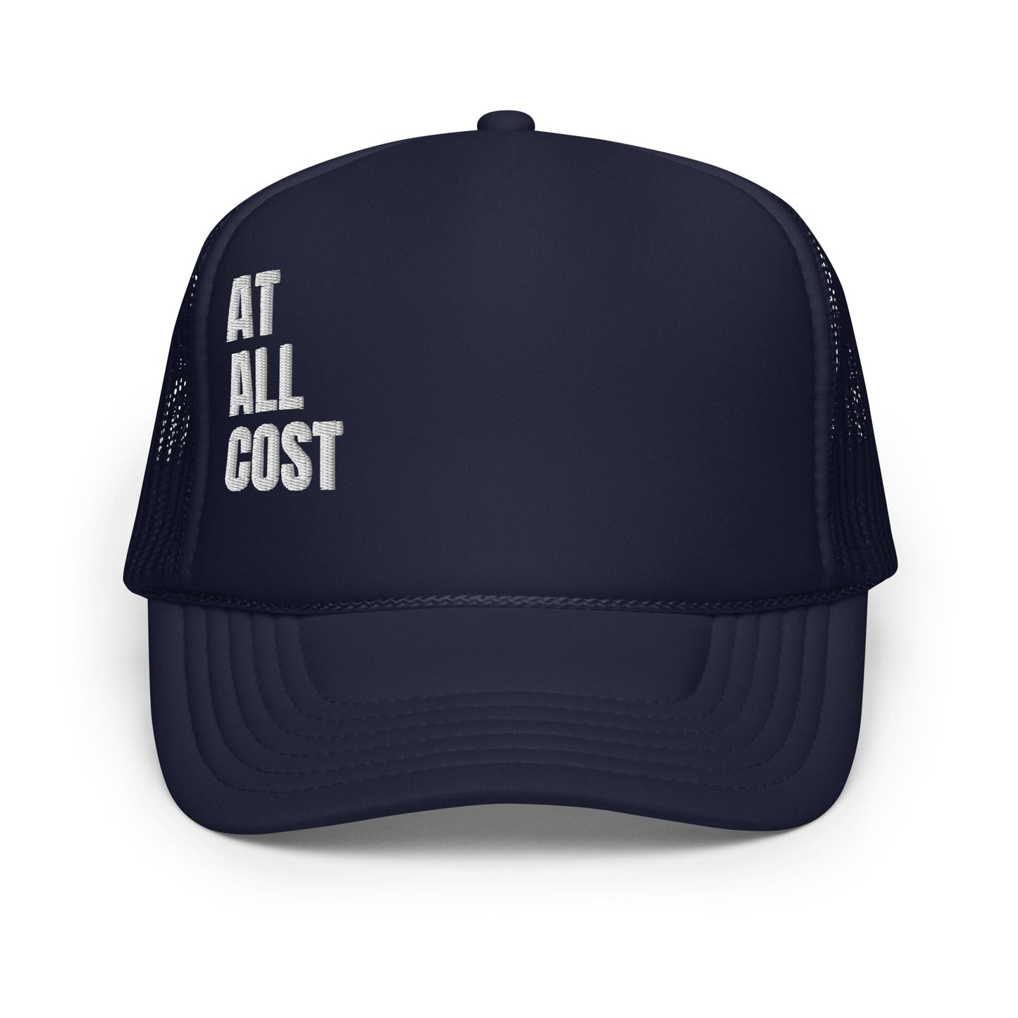 Front view of a navy blue Christian Trucker hat by ANGELS 10 APPAREL LLC, showcasing the inspiring design. This hat is ideal for those who value faith and style in streetwear. A10A, At All Cost Collection, Christian, Faith, streetwear, style.