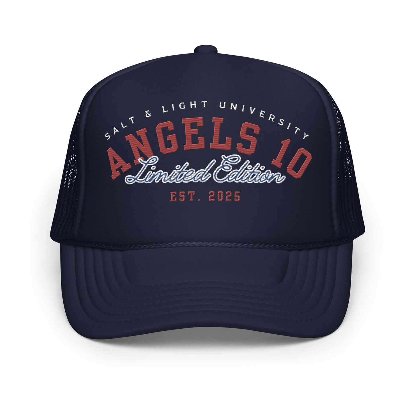 Front view of the Premium Quality Unisex Foam Trucker Hat with 'Salt & Light University' and 'Angels 10 Limited Edition', showcasing a stylish design for Christians focused on faith, discipleship, and college lifestyle.