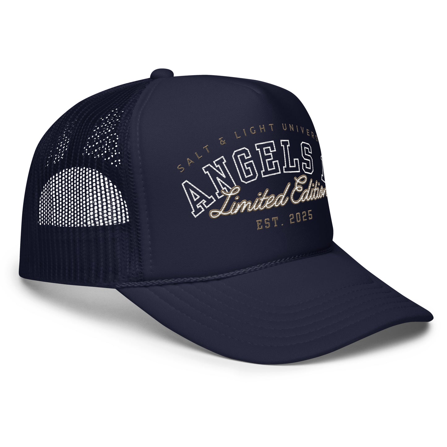 Salt & Light Unisex Premium Foam Trucker Hat showcasing stylish design and comfortable fit, perfect for college discipleship events and expressing faith as a symbol of the salt & light of the world.