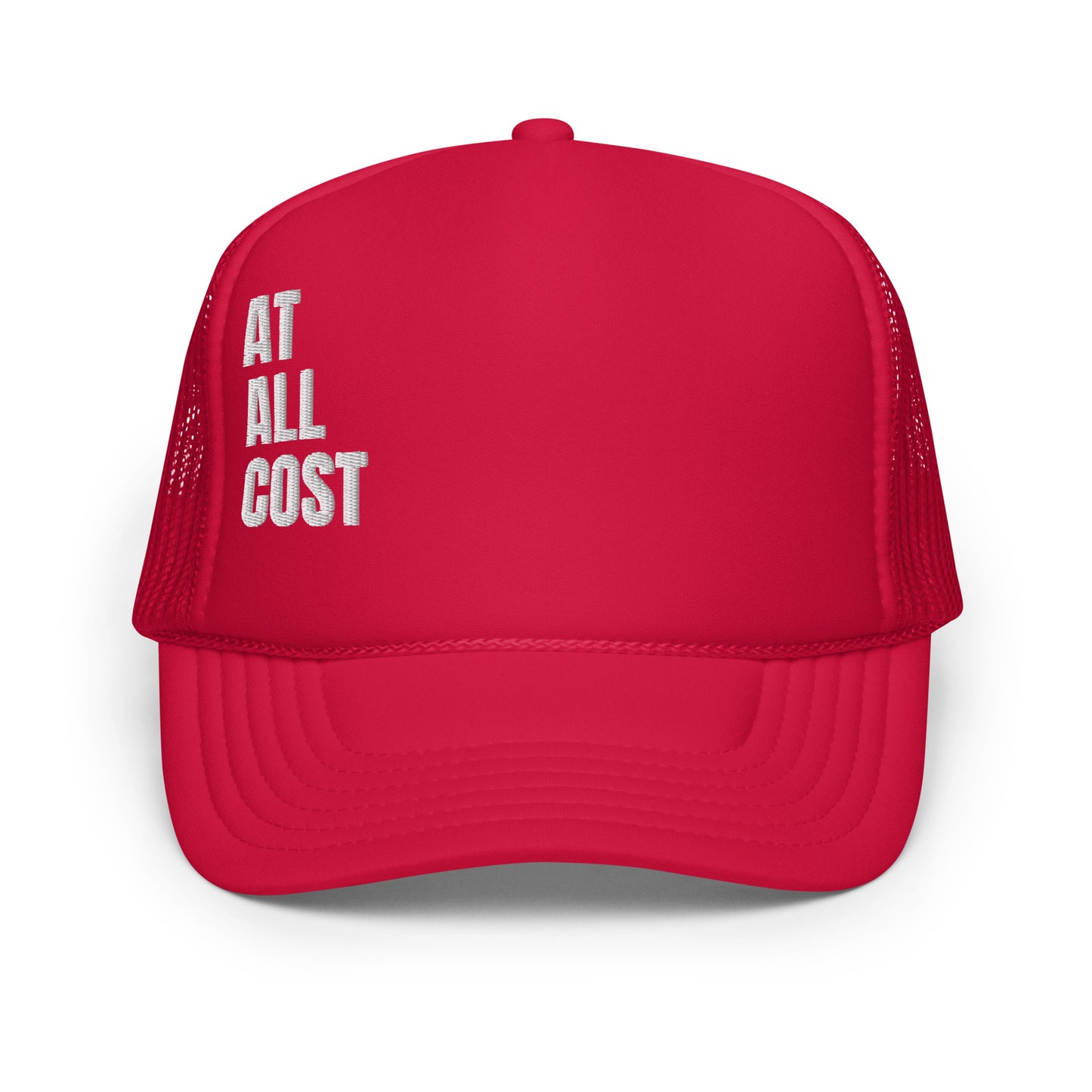 Front view of a vibrant red Christian Trucker hat by ANGELS 10 APPAREL LLC, perfect for making a statement while riding. A great addition for those who embrace faith and style in streetwear. A10A, At All Cost Collection, Christian, Faith, streetwear, style.