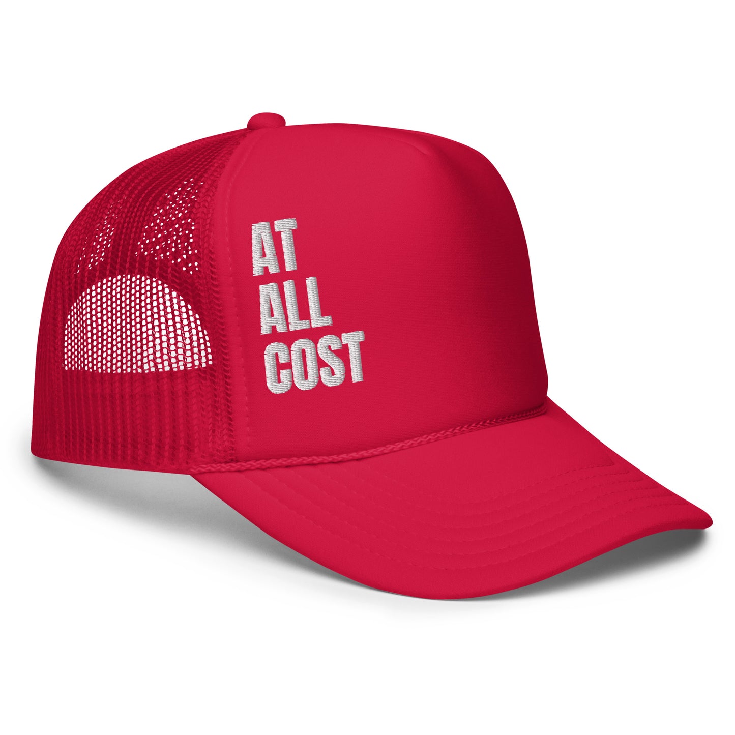 Stylish red Christian Trucker hat from ANGELS 10 APPAREL LLC, featuring a bold design for motorcycle enthusiasts and faith advocates. Ideal for a fresh streetwear look. A10A, At All Cost Collection, Christian, Faith, streetwear, style.
