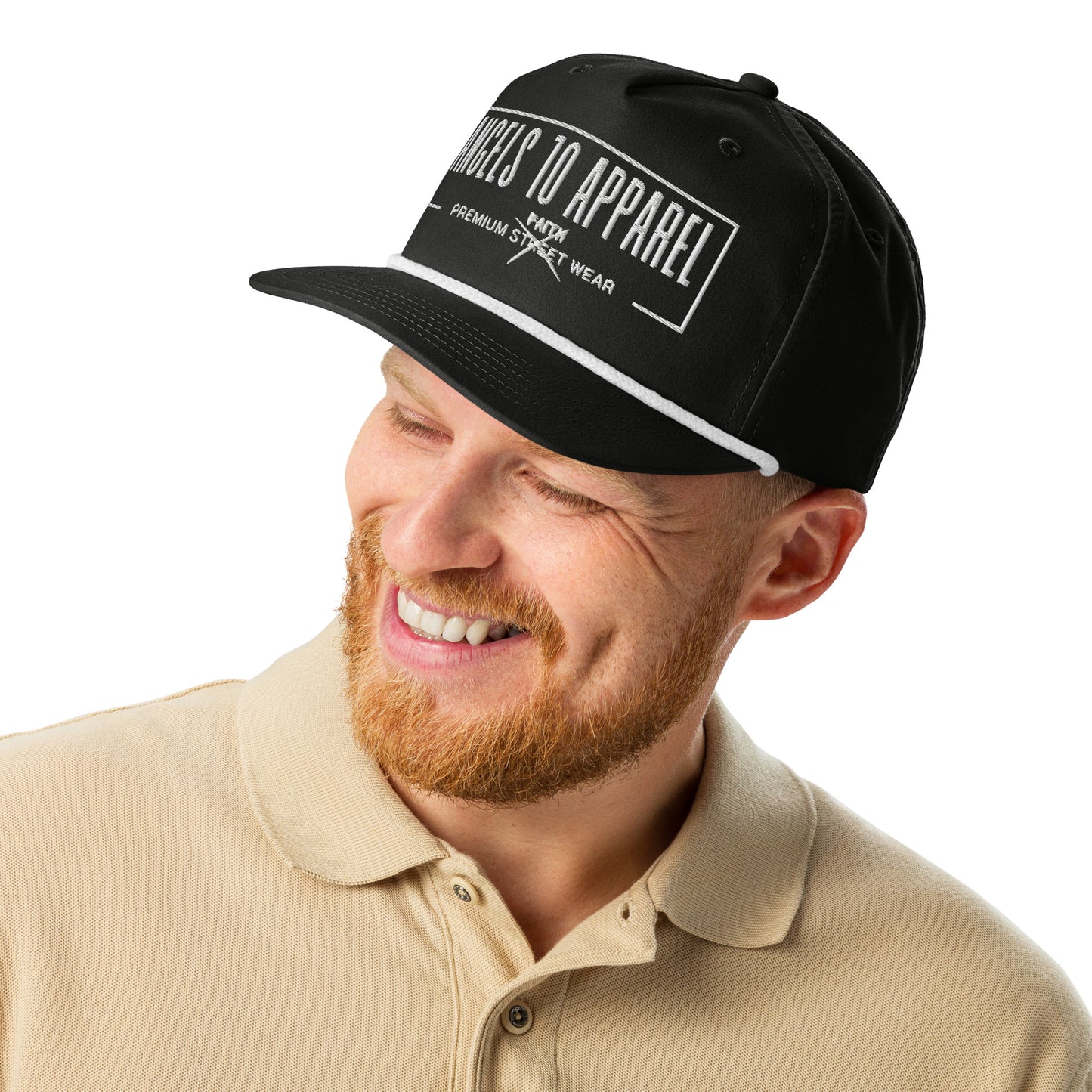 Man smiling while wearing the Premium Unisex Golf Rope Cap for Christians by ANGELS 10 APPAREL LLC. This cap combines style and faith with a modern design, echoing the values of believe and community. Veteran owned, small business support.