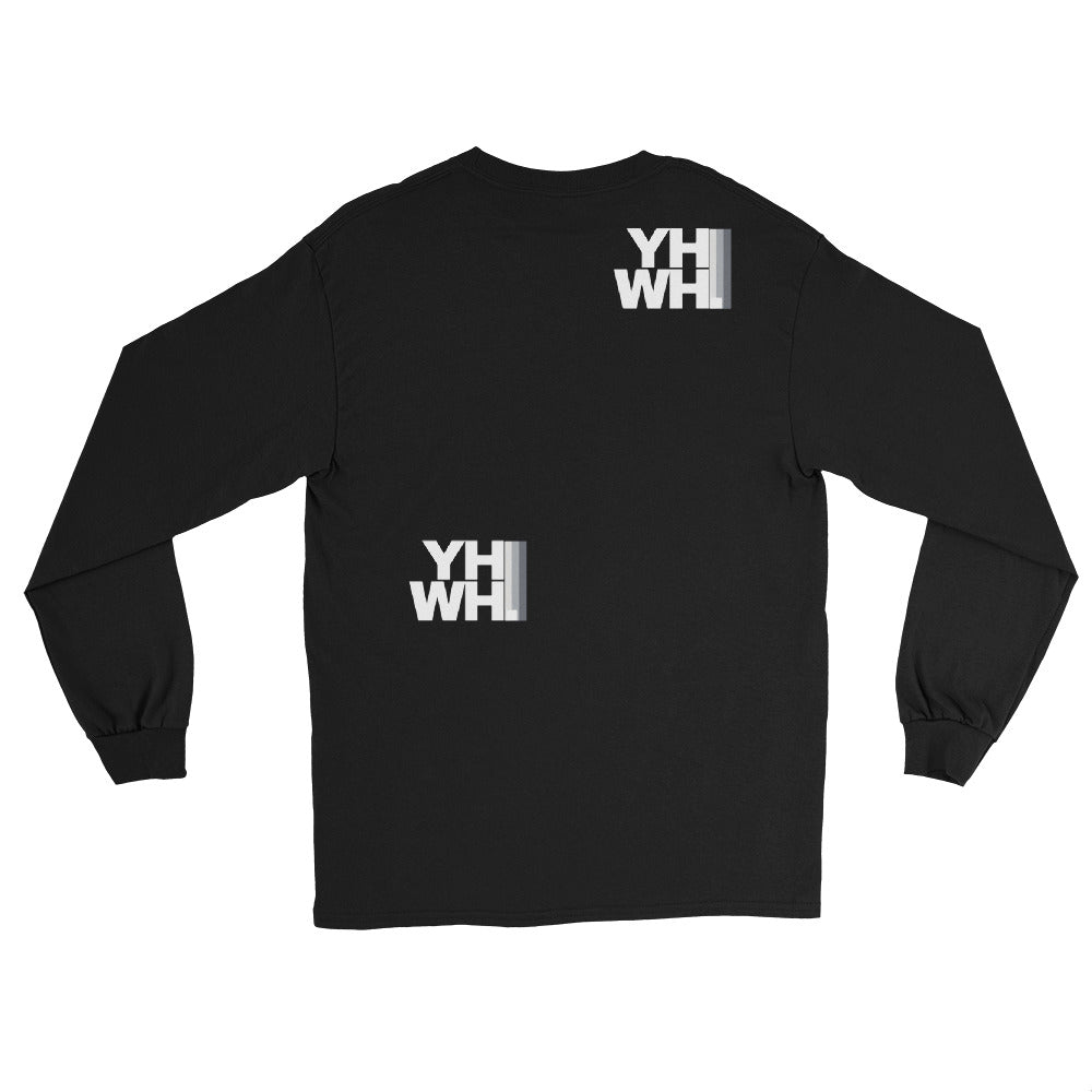 Back view of YHWH Men's Long Sleeve Shirt in black featuring logo details, combining durability and a powerful message. Ideal for those who embrace their faith. Christian, faith, veteran owned, style, small business, support.