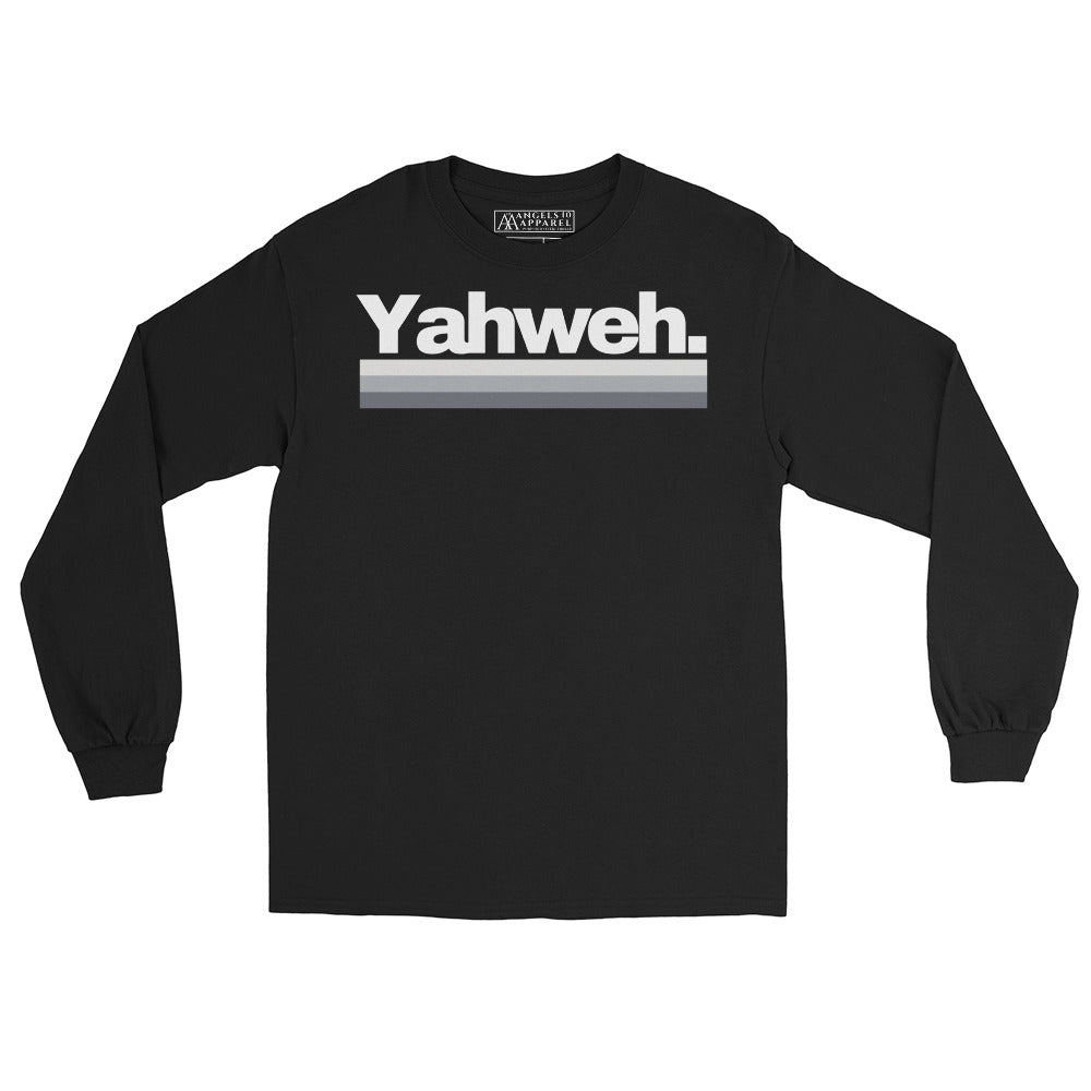 YHWH Men's Long Sleeve Shirt in black with 'Yahweh.' printed on the front, representing style and faith. Perfect for everyday wear and expressing beliefs. Christian, faith, veteran owned, style, small business, support.