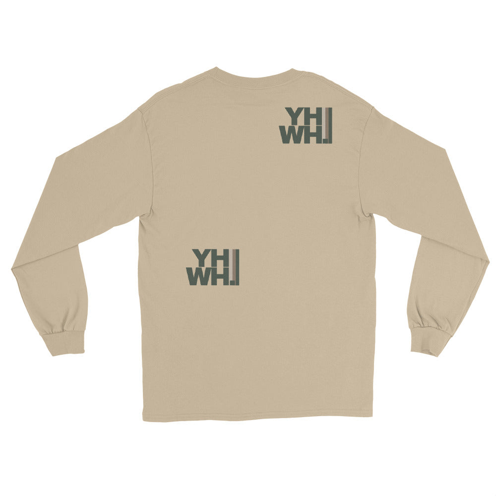 Back view of the YHWH Men's Long Sleeve Tee in beige, showing unique YHWH graphics, a perfect blend of faith and style. Backing a veteran owned small business with every purchase.