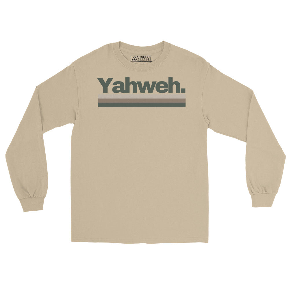 YHWH Men's Long Sleeve Tee in beige, designed with a bold Yahweh graphic for daily faith expression. A comfy option that supports a veteran owned small business and reflects your style.