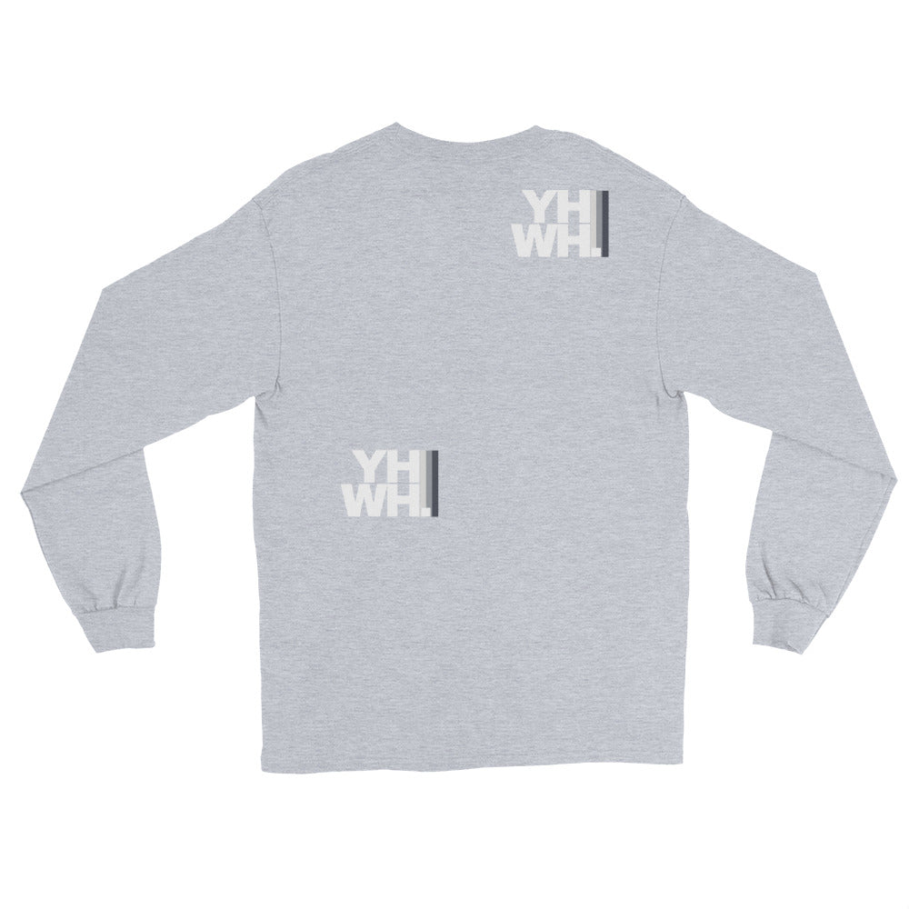 YHWH Long Sleeve Shirt for Men in classic gray, with 'YHWH' printed on the back. Great for expressing your Christian beliefs comfortably while promoting style through a veteran-owned small business.