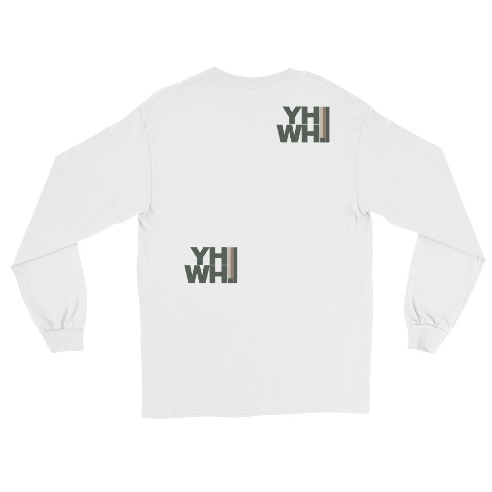 Back of the YHWH Men's Long Sleeve Tee in white, displaying YHWH graphics, embodying faith and style. This piece supports a veteran owned small business and makes a statement.