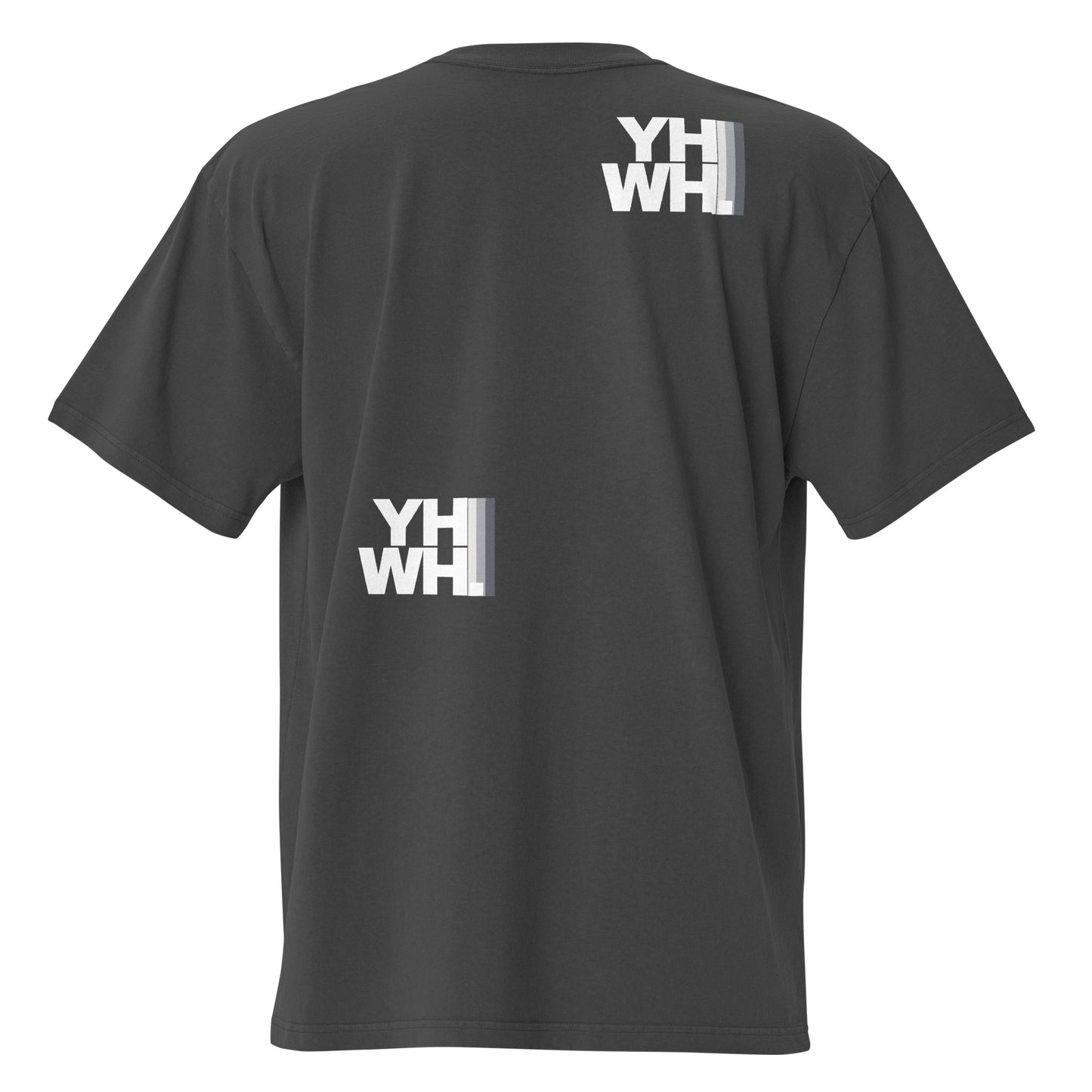 Back view of the YHWH Oversized Unisex Faded T-Shirt emphasizing its unique graphic details, ideal for faith-driven streetwear enthusiasts. Join in supporting this small, veteran-owned business.