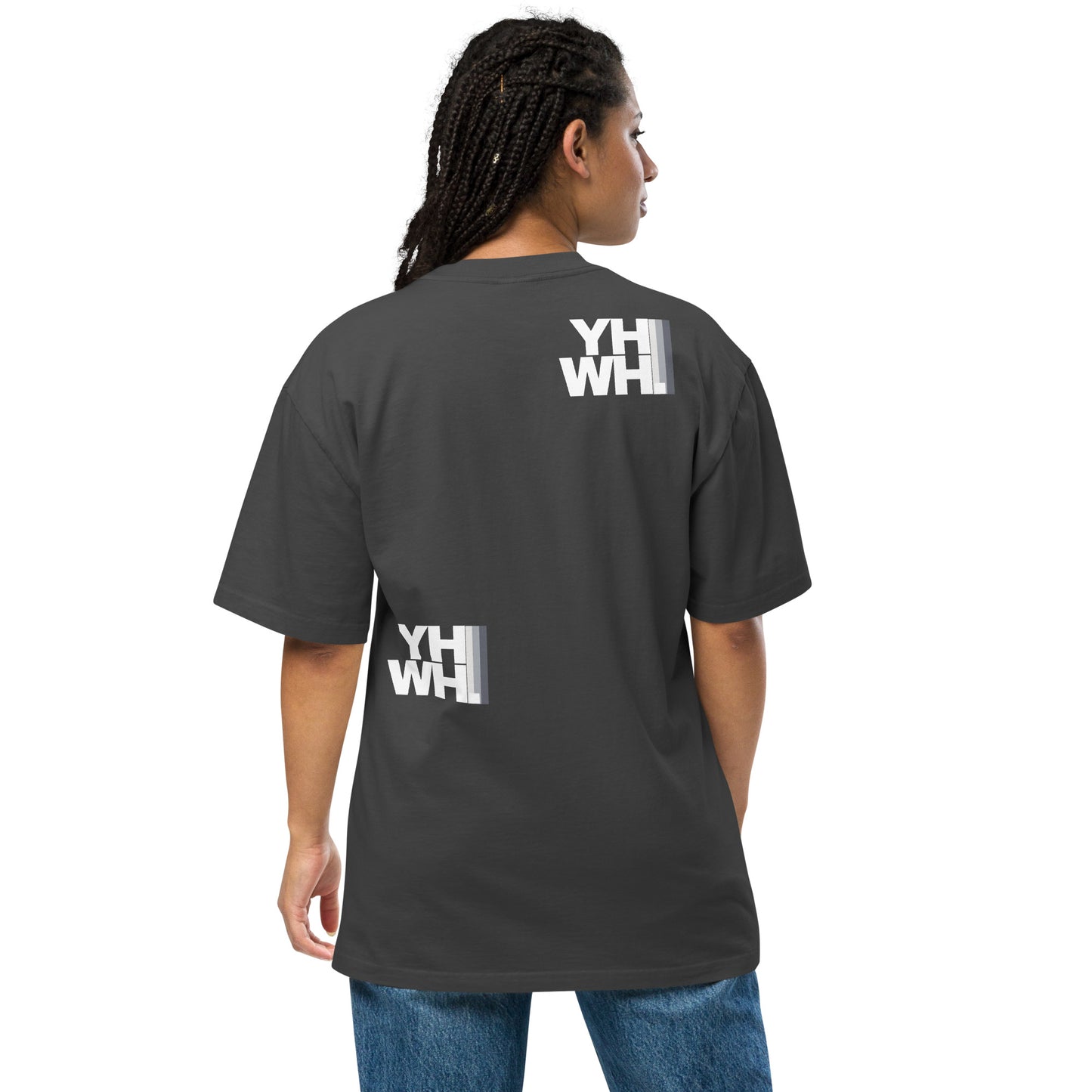 Back view of the YHWH Oversized Unisex Faded T-Shirt showcasing a relaxed fit, perfect for expressing faith and style. Support this veteran-owned small business with your wardrobe.
