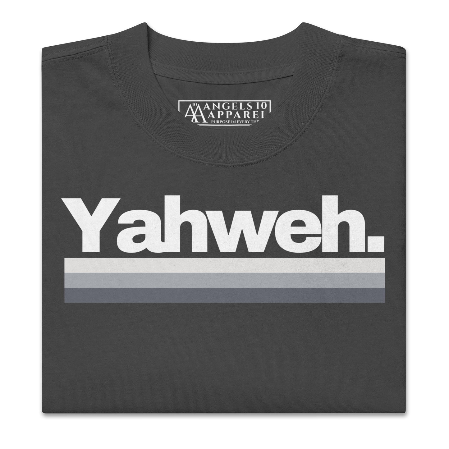 Close-up of the front design of the YHWH Oversized Unisex Faded T-Shirt featuring the word 'Yahweh' in bold print, embodying a modern twist on Christian style. A great way to support a veteran-owned small business.