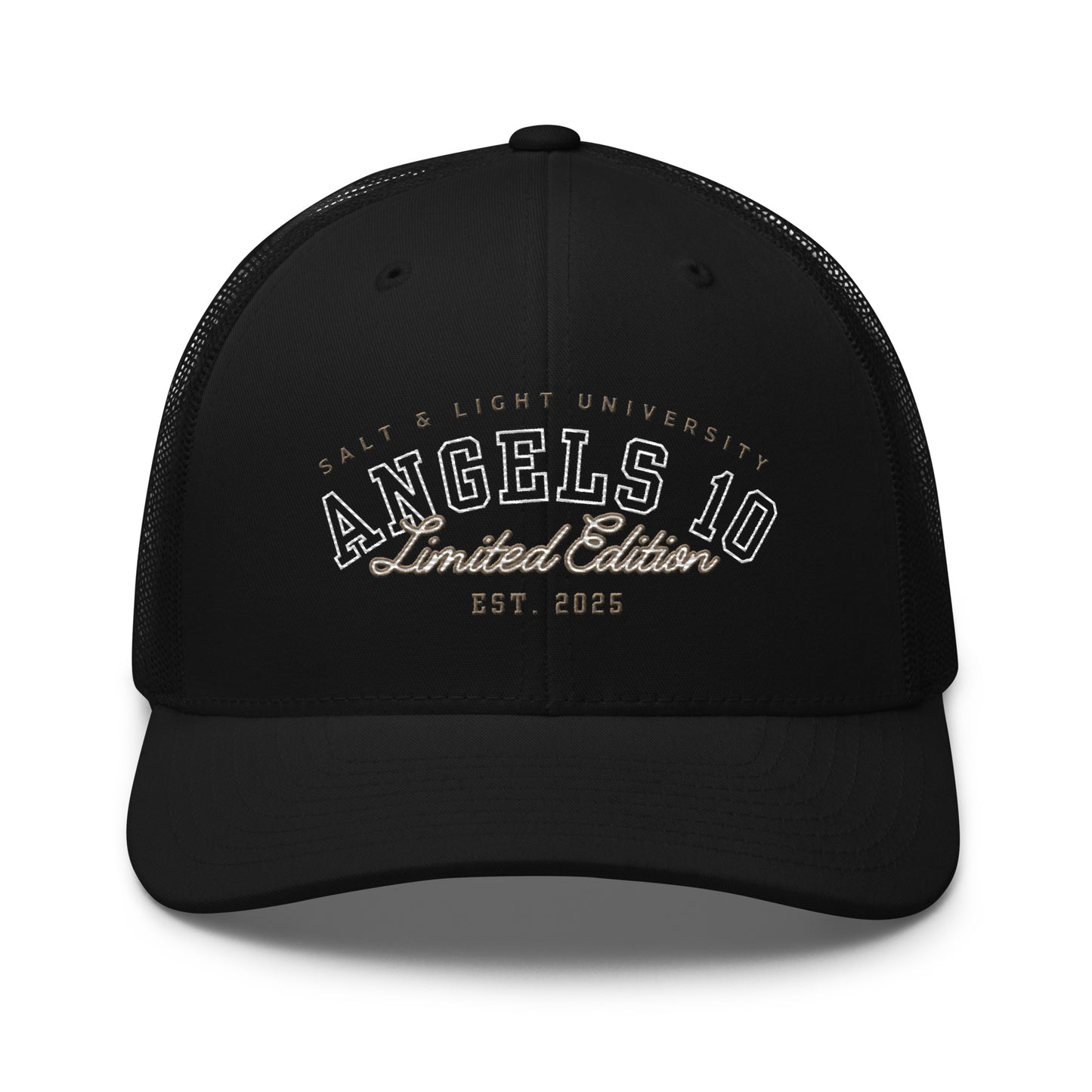 Front view of the Salt & Light Unisex Trucker Cap, emphasizing its premium quality and faith-driven design, ideal for anyone looking to express their Christian beliefs during college activities and outreach.