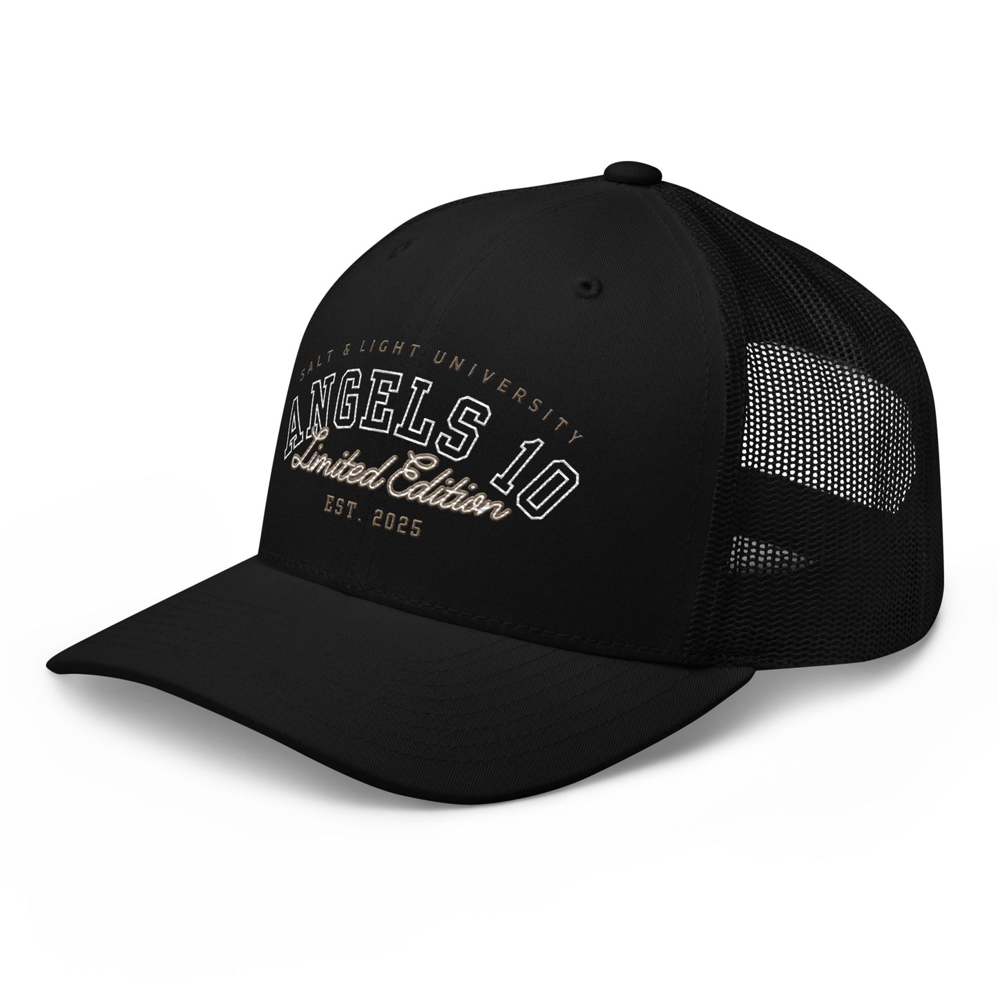 Side view of the Salt & Light Unisex Trucker Cap featuring a breathable mesh back, perfect for outdoor events and showcasing a lifestyle of discipleship and Christian faith, embodying the salt & light of the world.