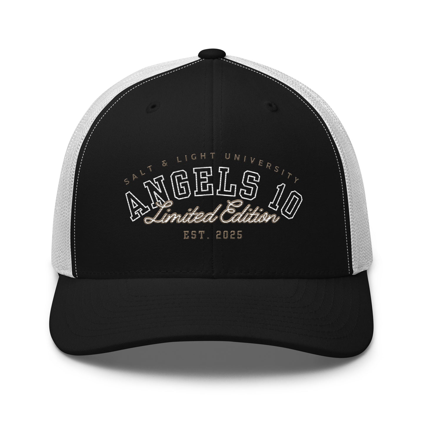 Front view of the Salt & Light Unisex Trucker Cap featuring a unique design, ideal for showcasing Christian beliefs and perfect for college and discipleship activities, representing the salt & light of the world.