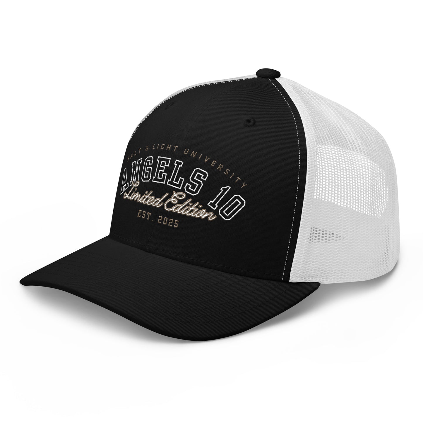 Side view of the Salt & Light Unisex Trucker Cap, designed for comfort and style, perfect for expressing faith in college life and discipleship, embodying the essence of being the salt & light of the world.